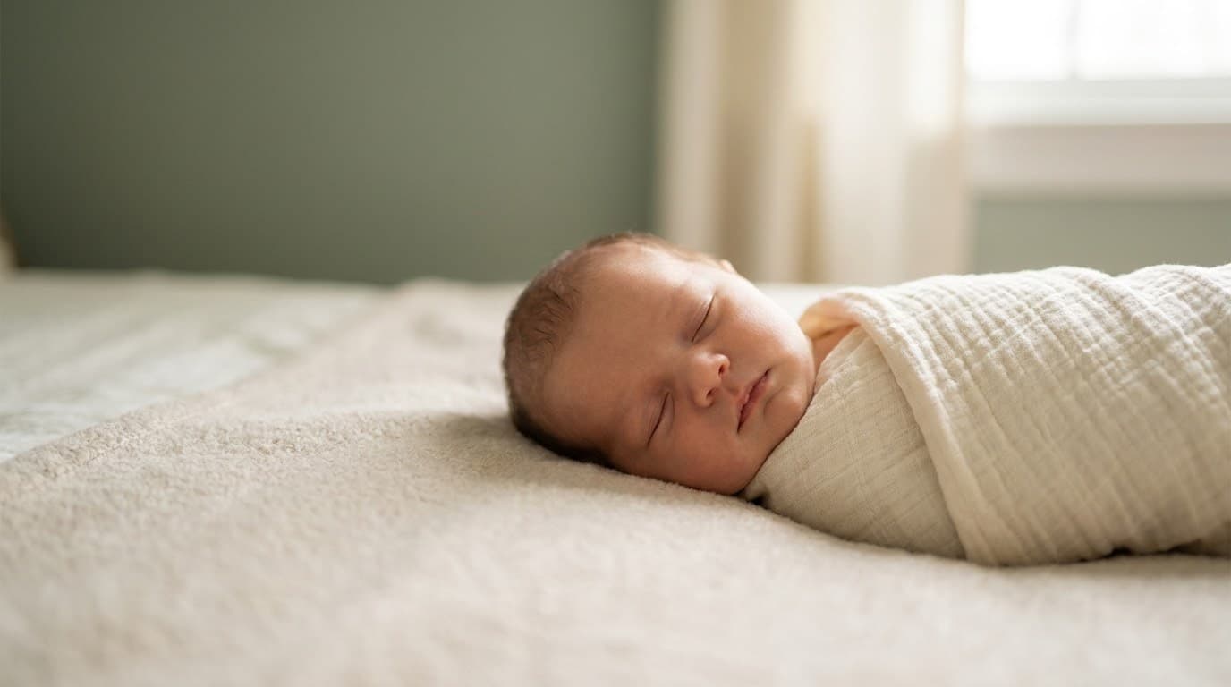 A sleeping newborn wrapped in a soft muslin swaddle